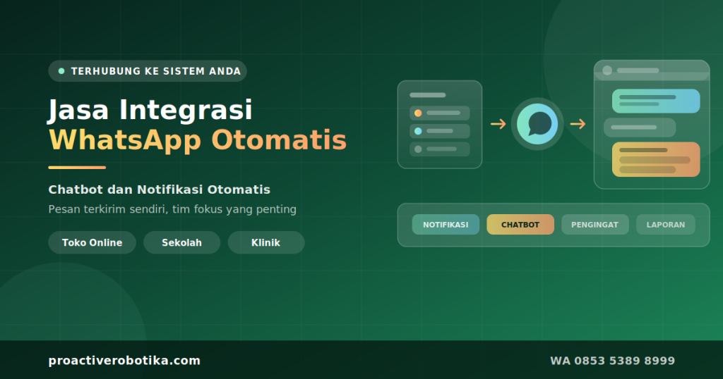 Integrasi WhatsApp otomatis dengan chatbot dan notifikasi yang terhubung ke sistem bisnis