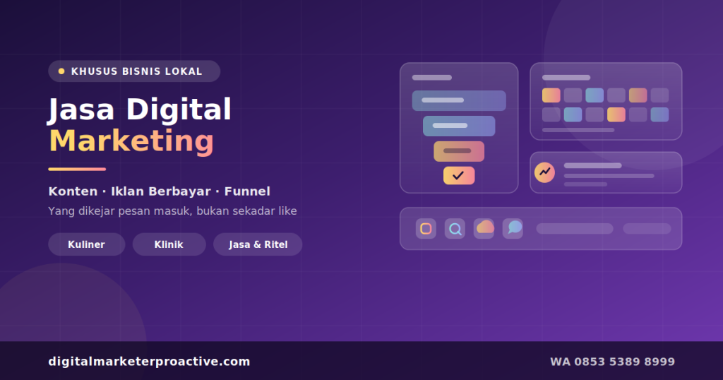 Jasa digital marketing untuk bisnis lokal dengan strategi konten, iklan berbayar, dan funnel