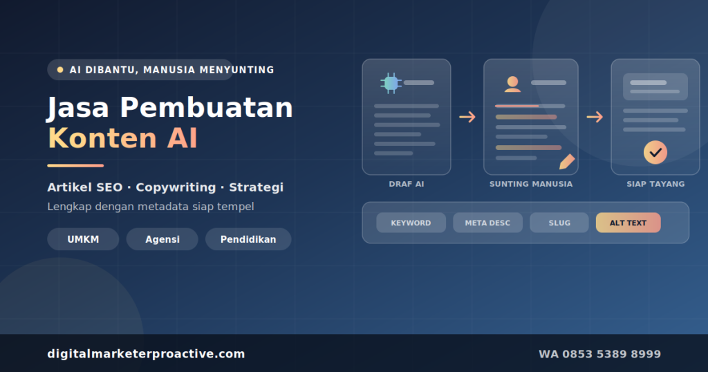 Jasa pembuatan konten AI dengan riset keyword, penulisan, dan penyuntingan oleh manusia