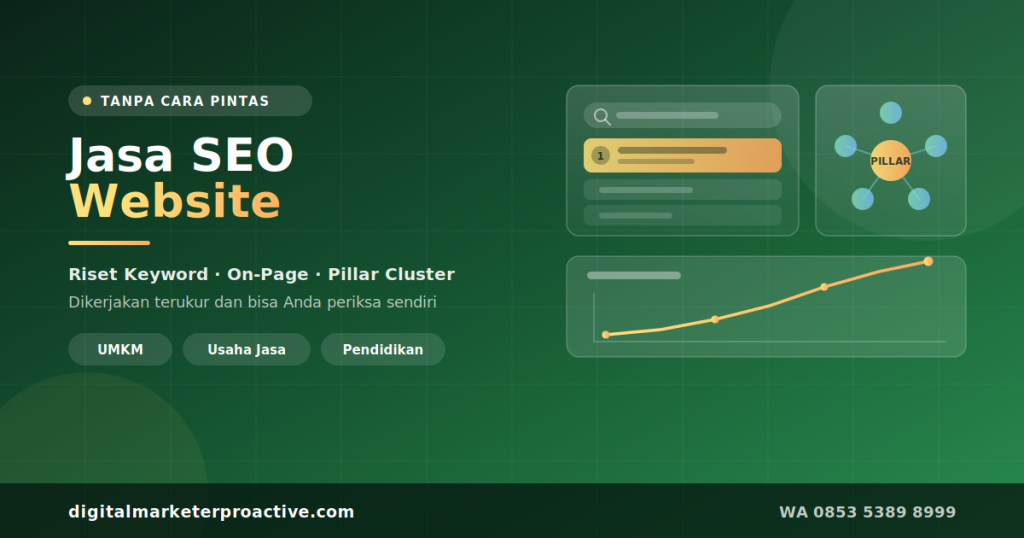 Jasa SEO website dengan riset keyword, optimasi on-page, dan struktur pillar cluster