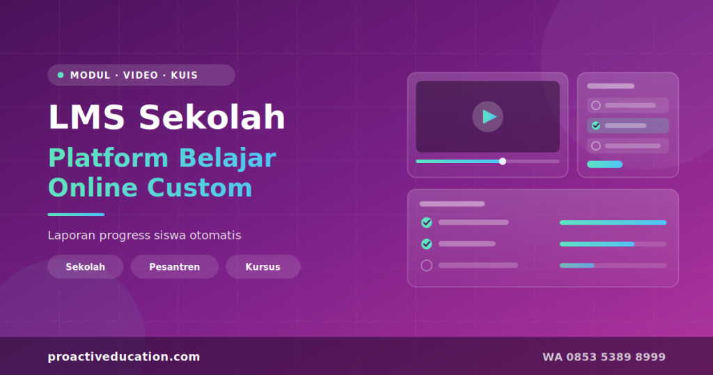 LMS sekolah dengan modul pembelajaran, video, kuis otomatis, dan laporan progress siswa