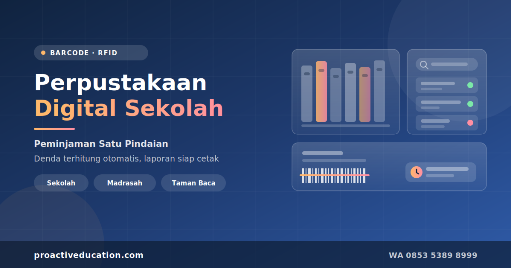 Perpustakaan digital sekolah dengan katalog buku, peminjaman barcode, dan perhitungan denda otomatis